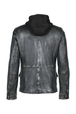 Distressed black leather jacket with cotton hood - Image n°7