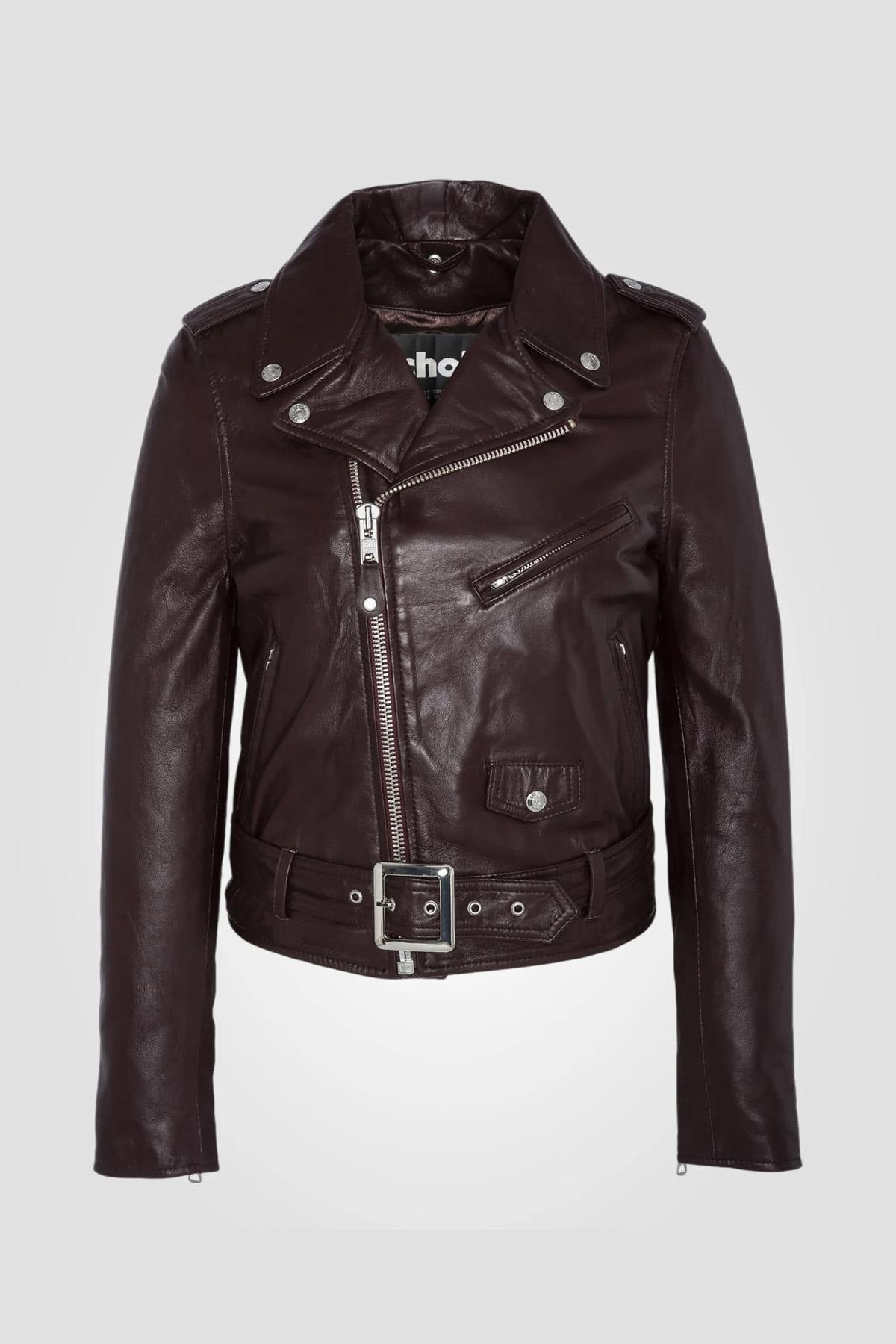 Schott's plum lambskin Perfecto: cropped, fitted, and iconic. - Image n°1