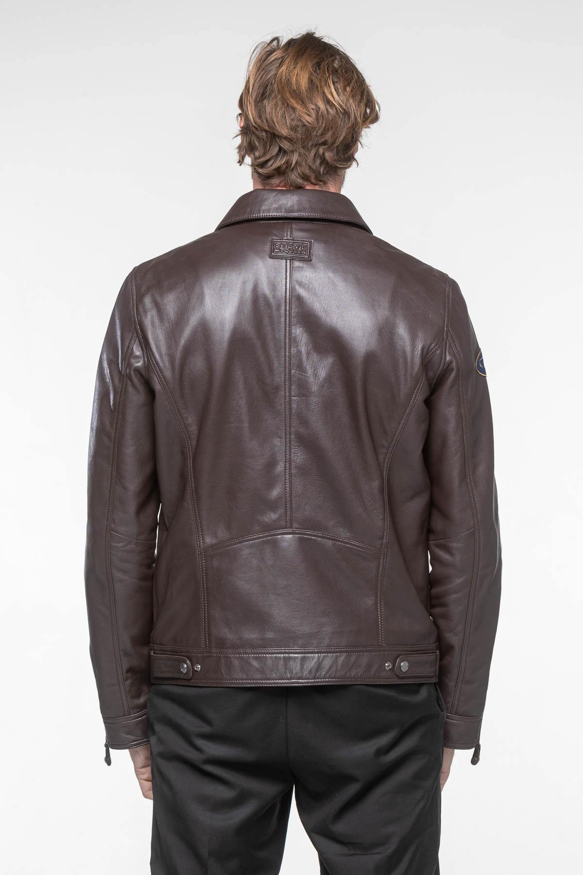 Vintage brown leather shirt collar jacket - Image n°6