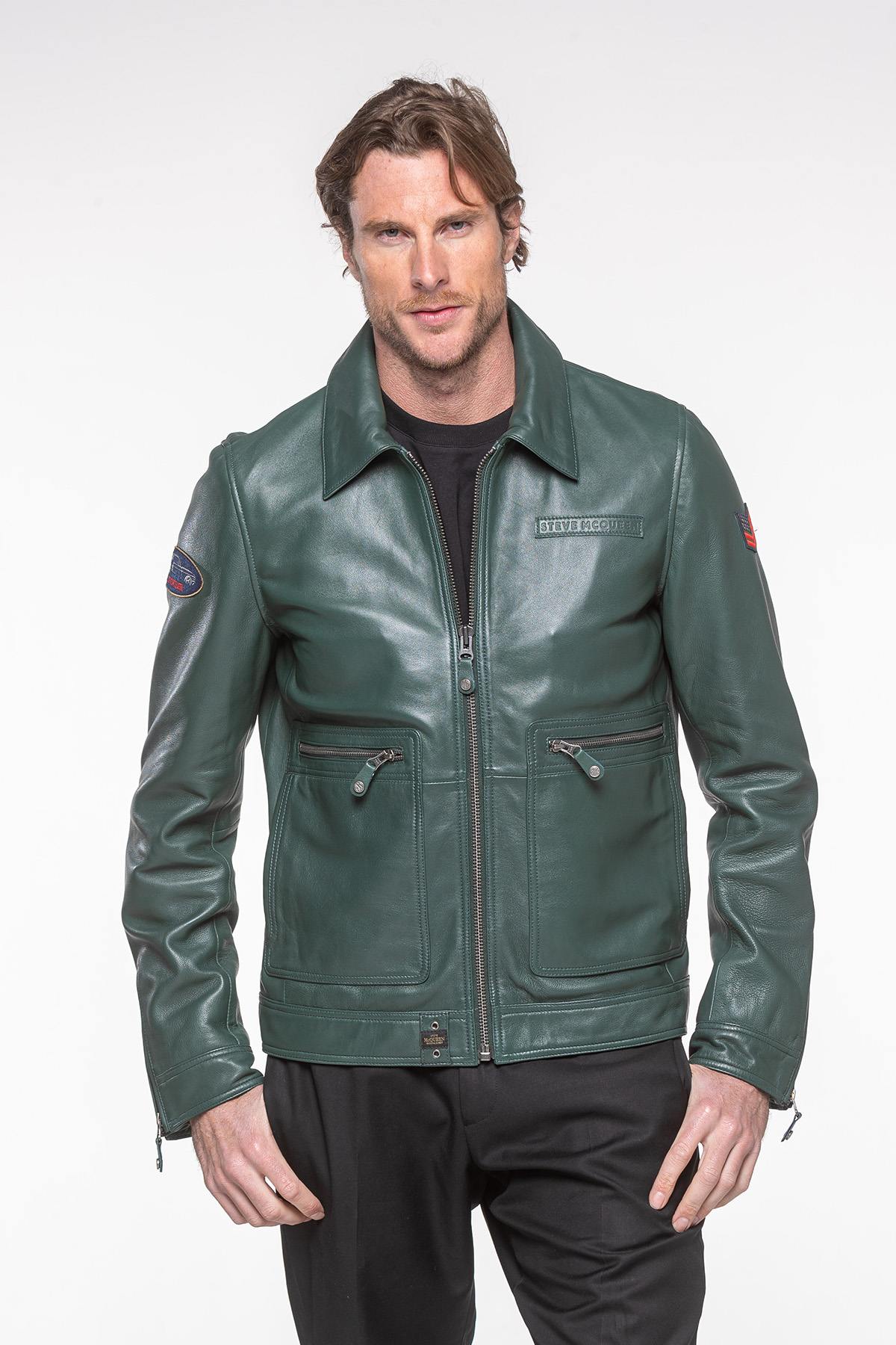 Fir green leather shirt collar jacket - Image n°3