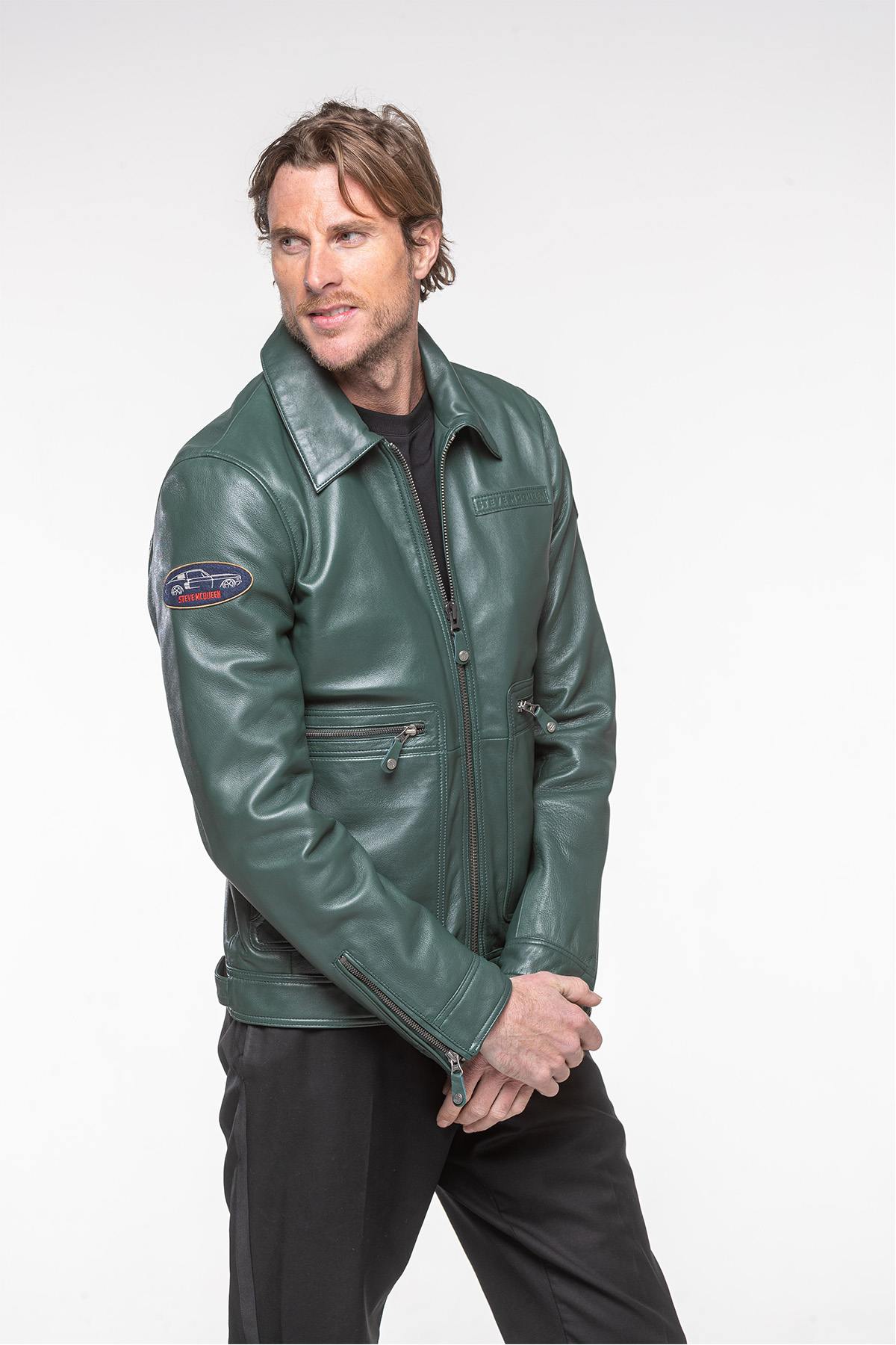 Fir green leather shirt collar jacket - Image n°4
