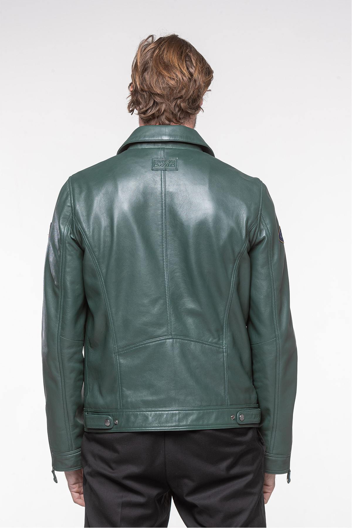 Fir green leather shirt collar jacket - Image n°7