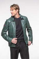 Fir green leather shirt collar jacket - Image n°1