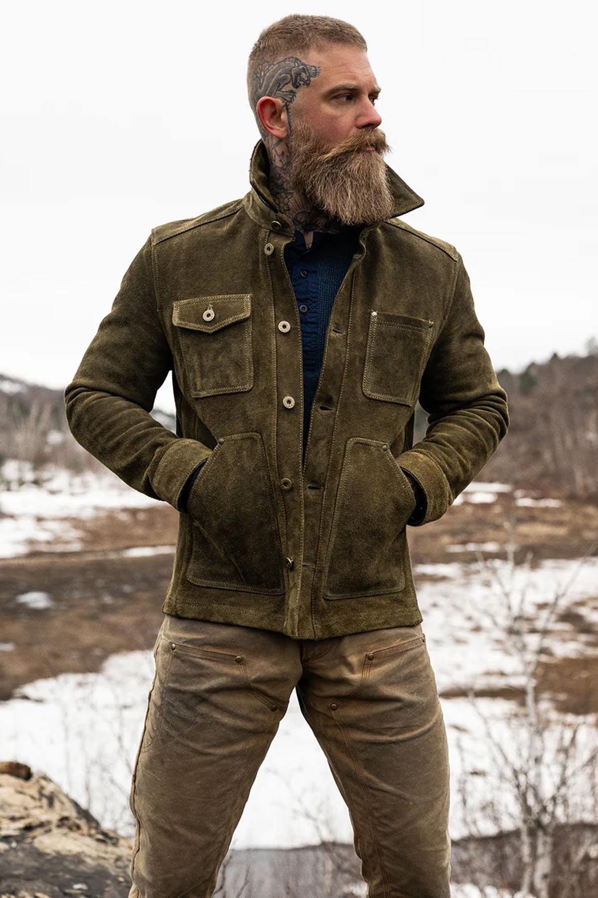 Olive suede cowhide field jacket, unlined and durable. Ages gracefully with wear. - Image n°3