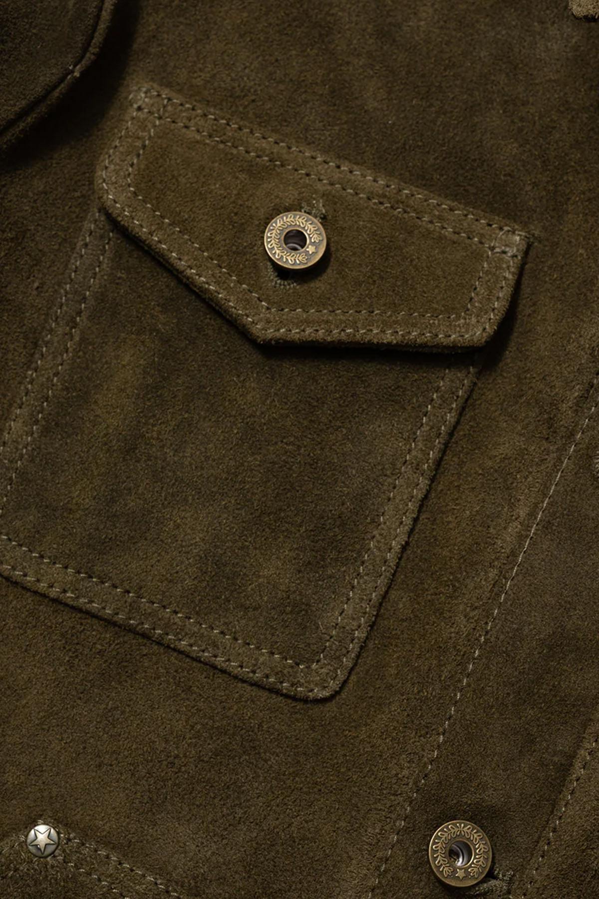 Olive suede cowhide field jacket, unlined and durable. Ages gracefully with wear. - Image n°5