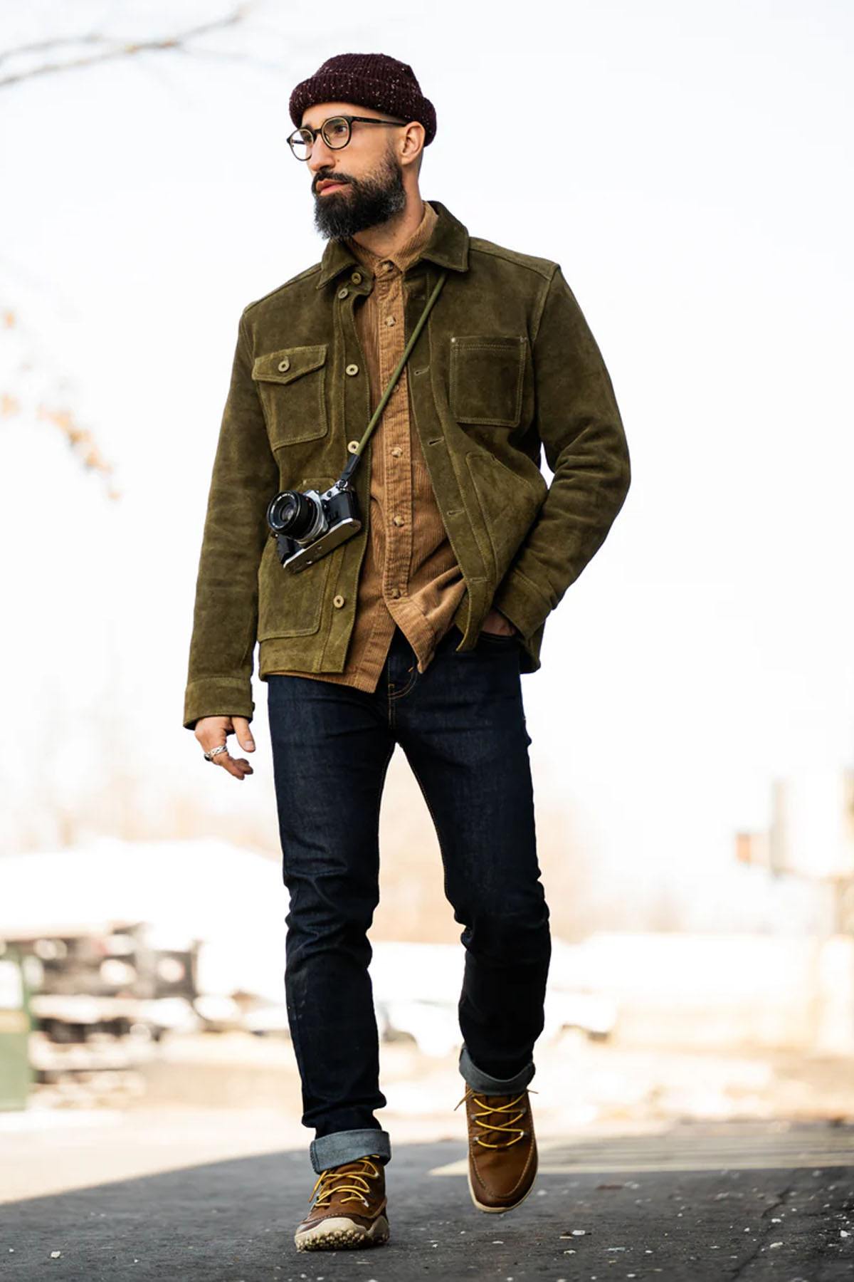 Men's Olive Velvet-Look Cowhide Jacket - Image n°7