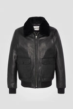 Black cowhide leather pilot jacket with removable sheepskin collar - Image n°1