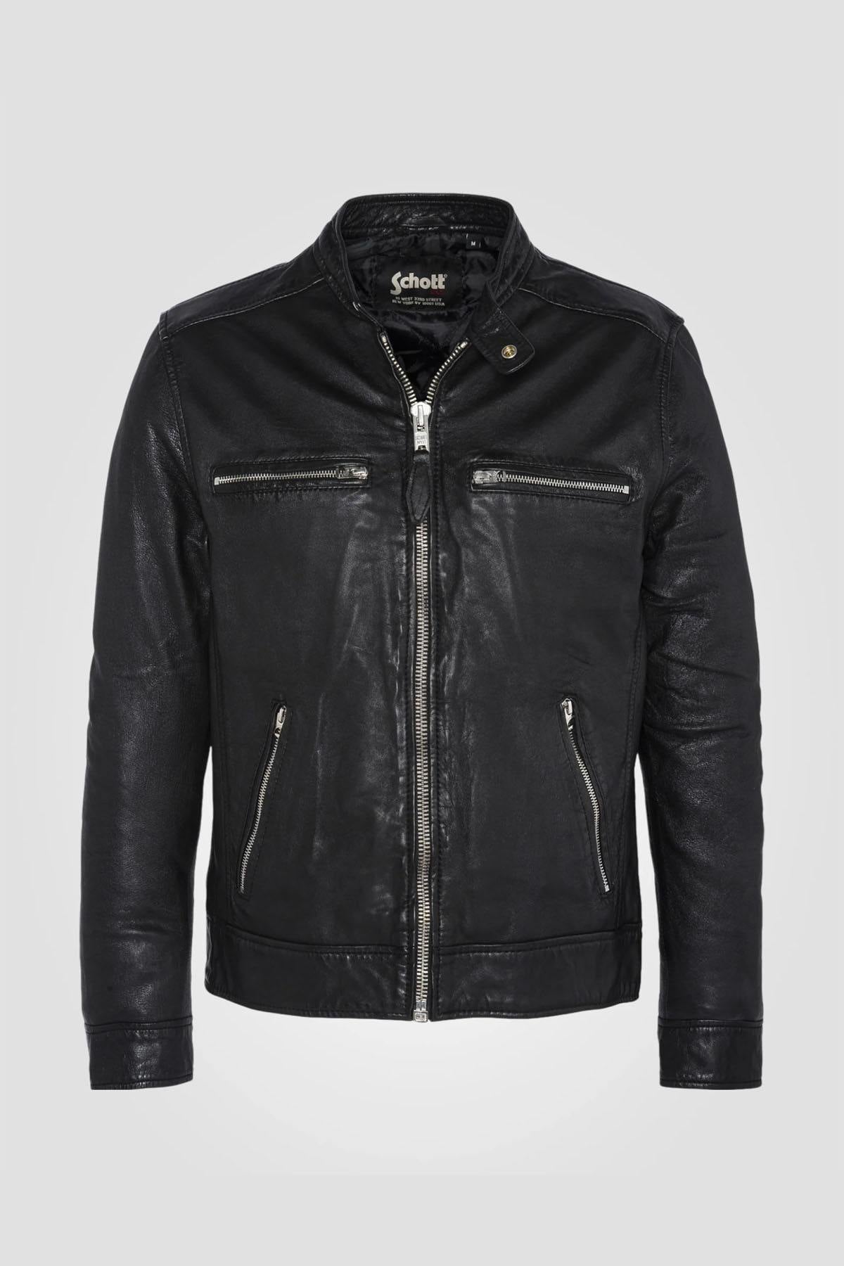 Black leather jacket with biker collar - Image n°2