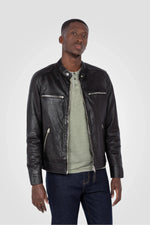 Black leather jacket with biker collar - Image n°1