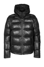 Black leather down jacket with removable sleeves and hood - Image n°2