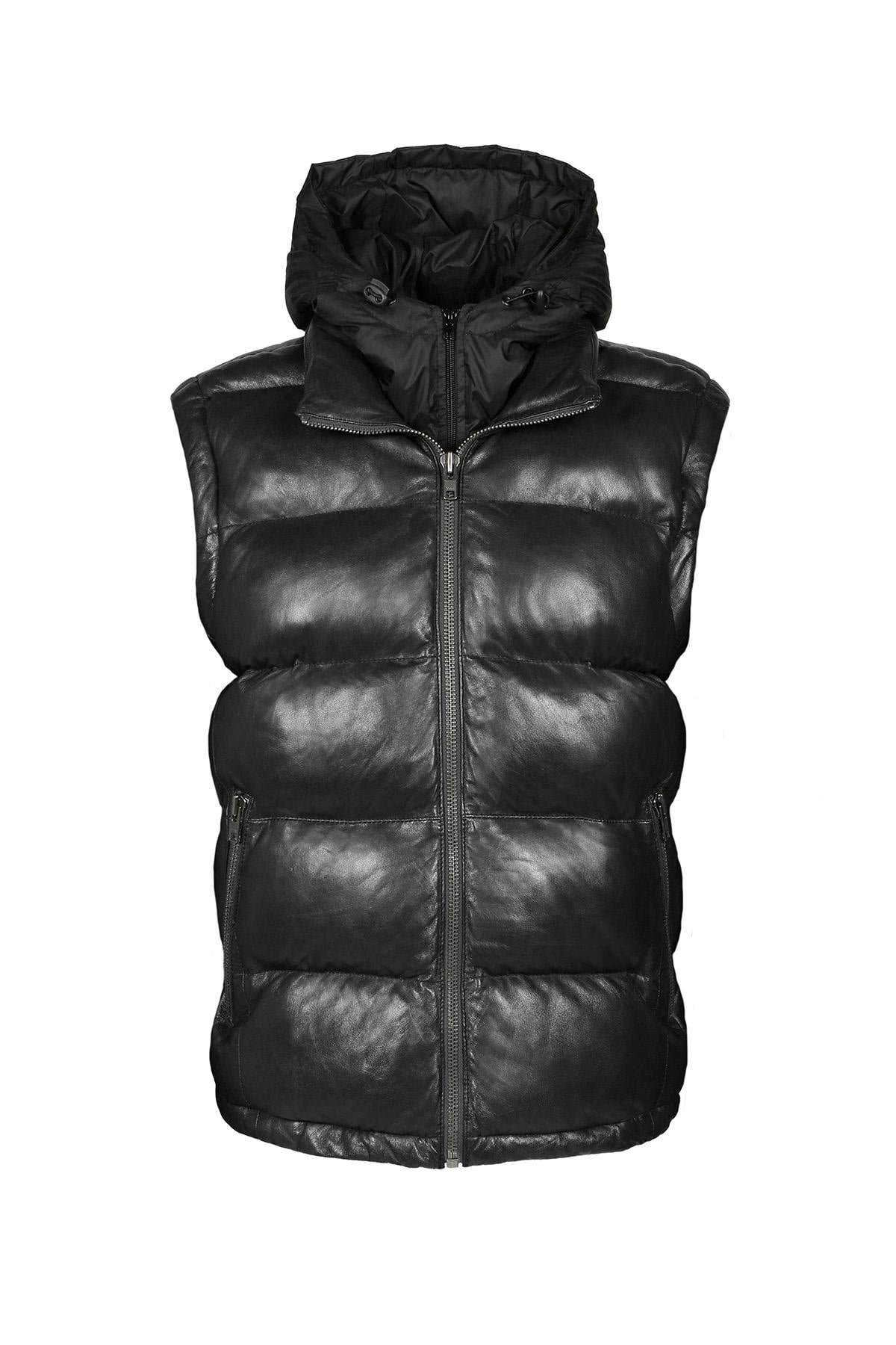 Black leather down jacket with removable sleeves and hood - Image n°6