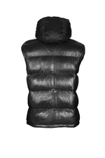 Black leather down jacket with removable sleeves and hood - Image n°7