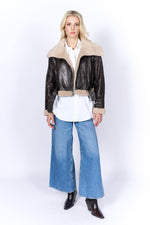 Dark brown leather cropped bomber jacket with faux fur - Image n°8