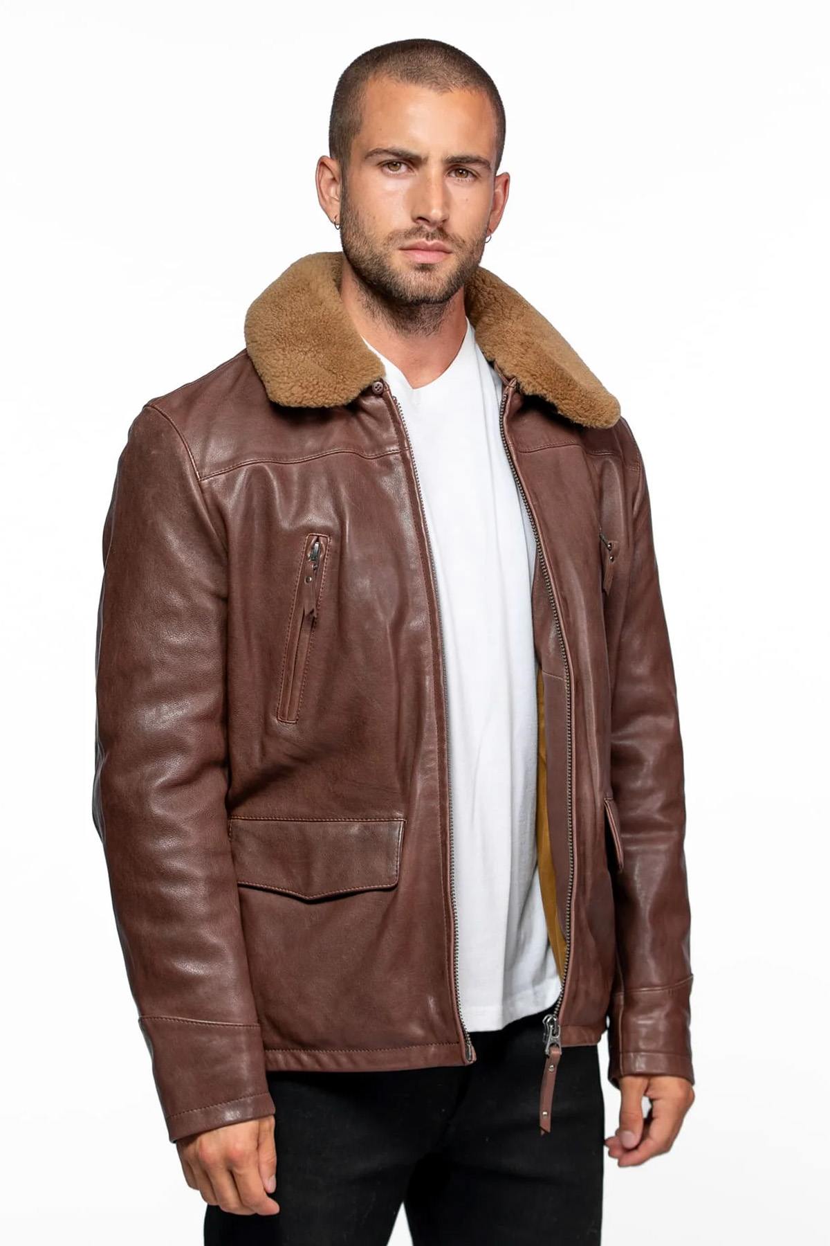 Brown leather aviator jacket with removable shearling collar. - Image n°5