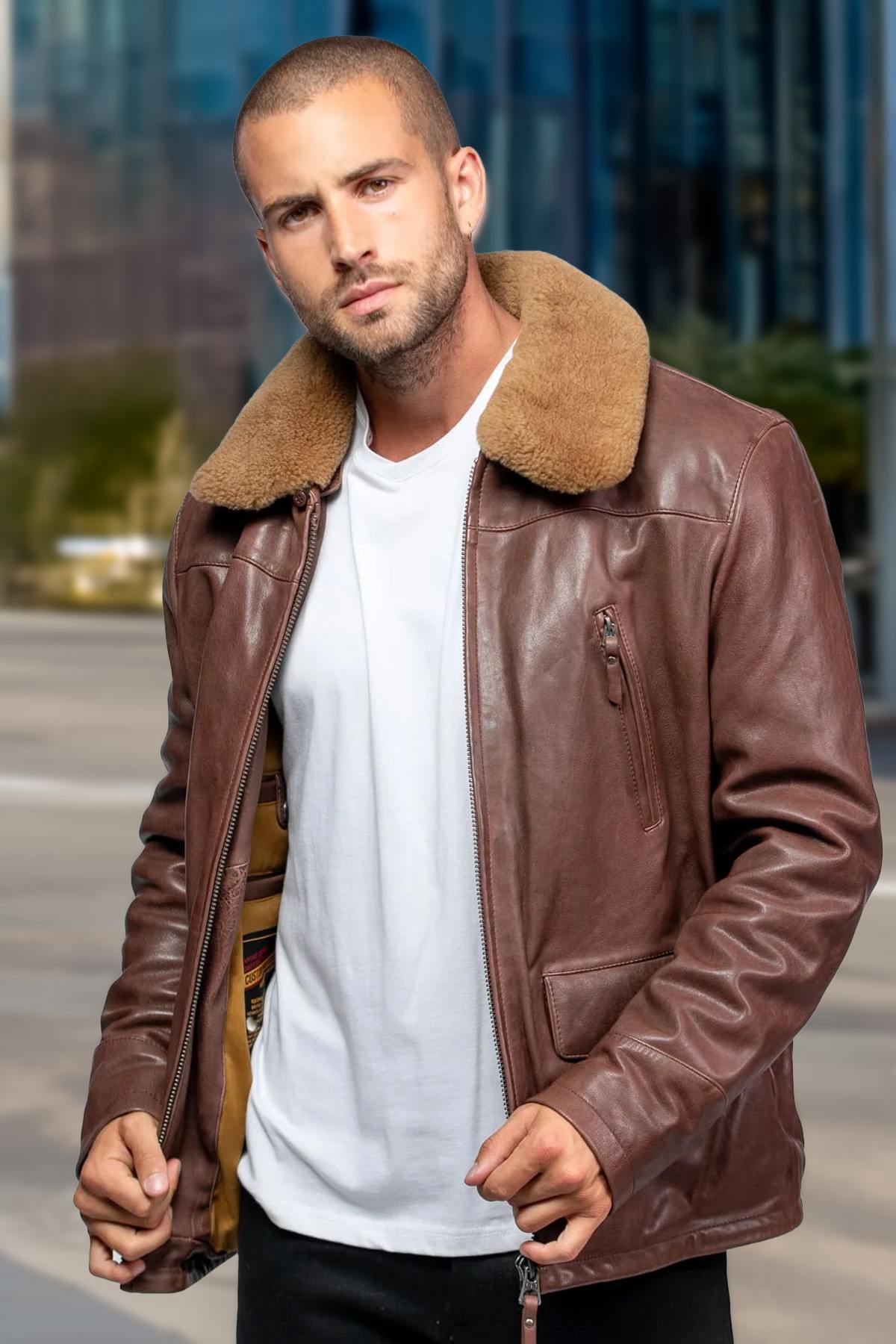 Brown leather aviator jacket with removable shearling collar. - Image n°2