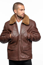 Brown leather aviator jacket with removable shearling collar. - Image n°4