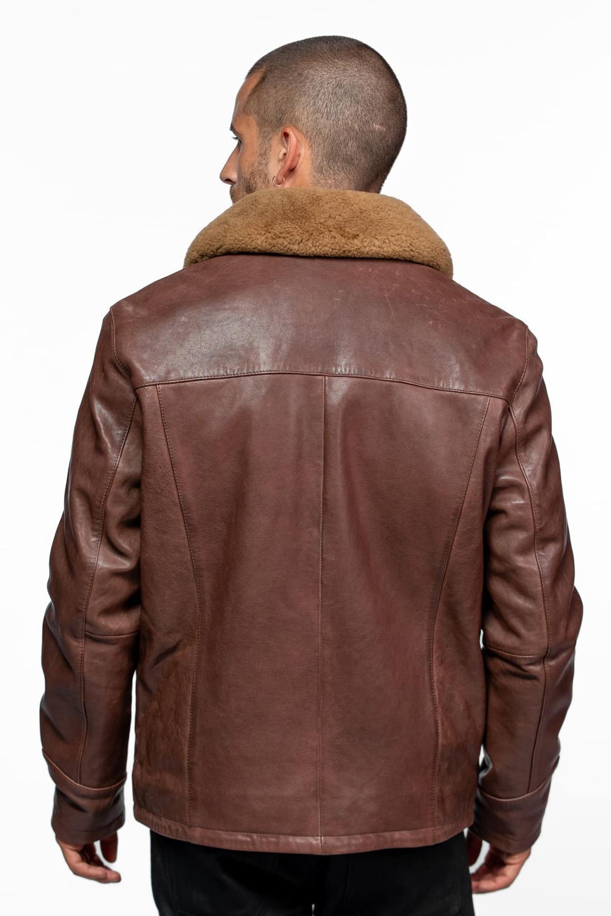 Mid-length brown leather bomber jacket - Image n°2