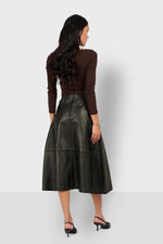 Dark khaki leather trapeze skirt - Image n°6