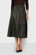 Dark khaki leather trapeze skirt - Image n°1