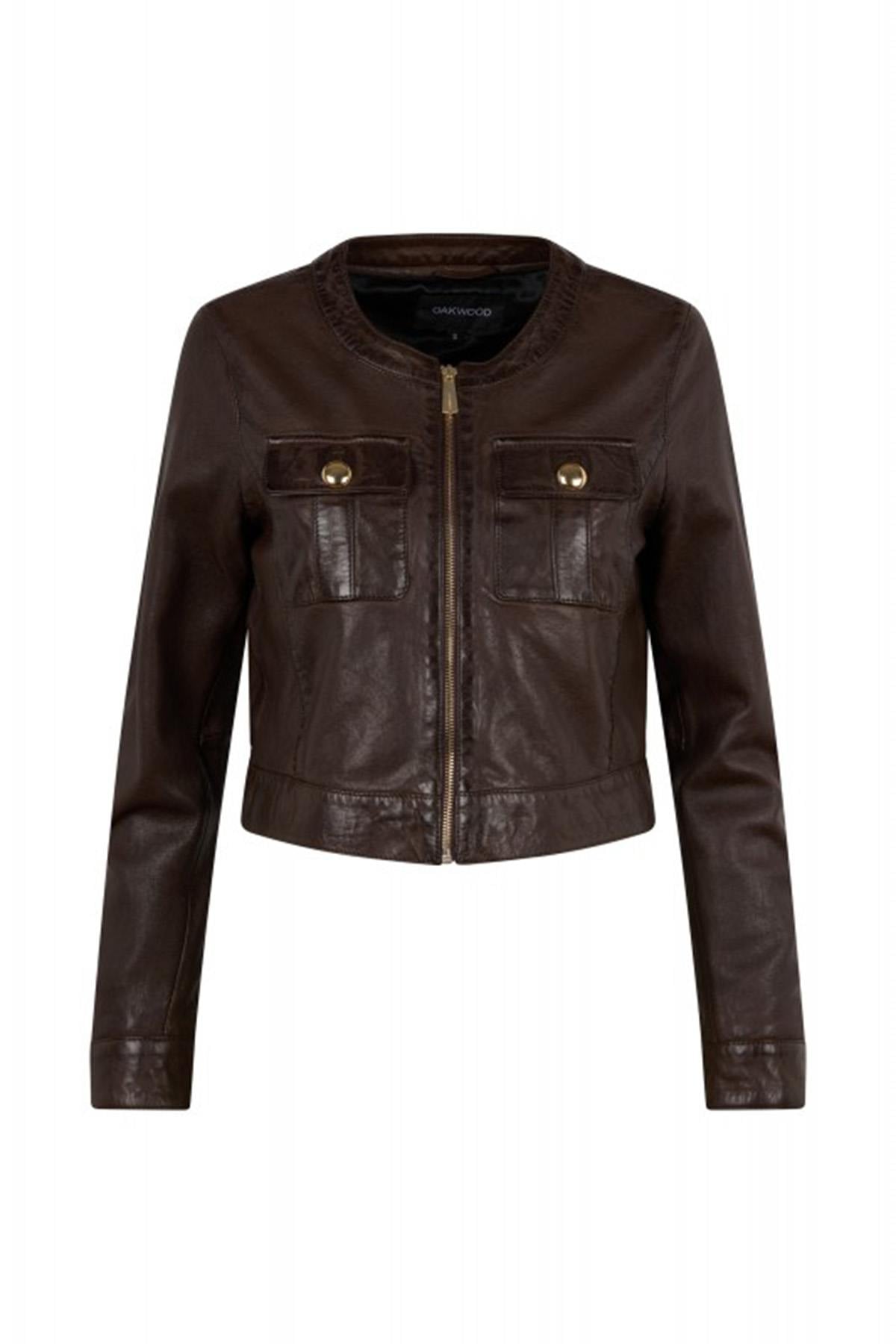 Chocolate shearling jacket, slim fit with a zip front and moto collar. - Image n°6