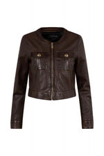 Chocolate shearling jacket, slim fit with a zip front and moto collar. - Image n°6