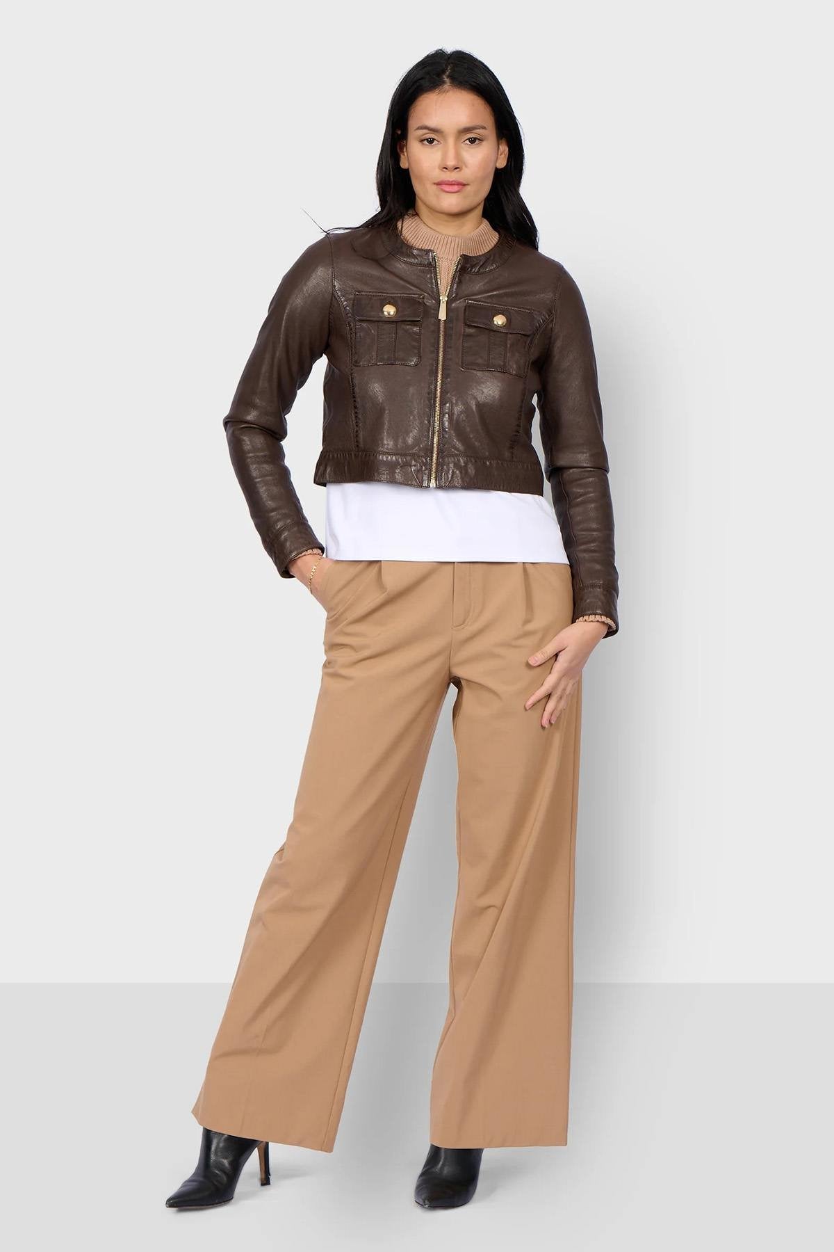 Chocolate brown leather short jacket - Image n°7