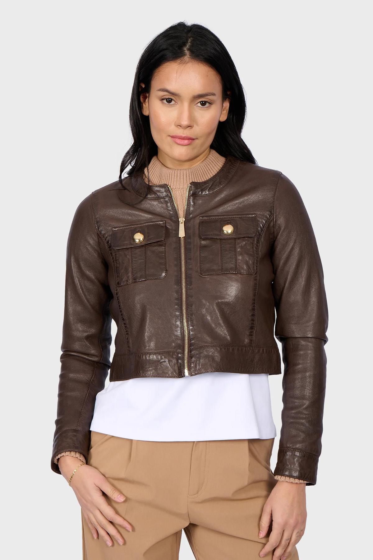 Chocolate brown leather short jacket - Image n°1