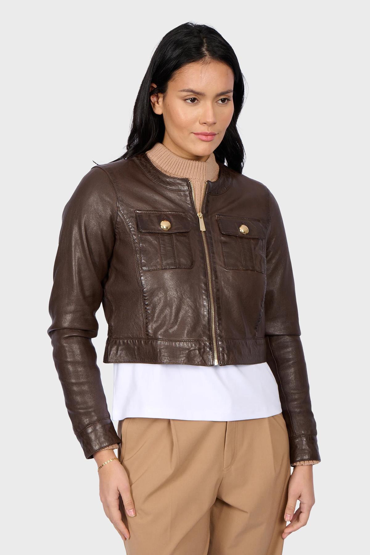 Chocolate brown leather short jacket - Image n°5