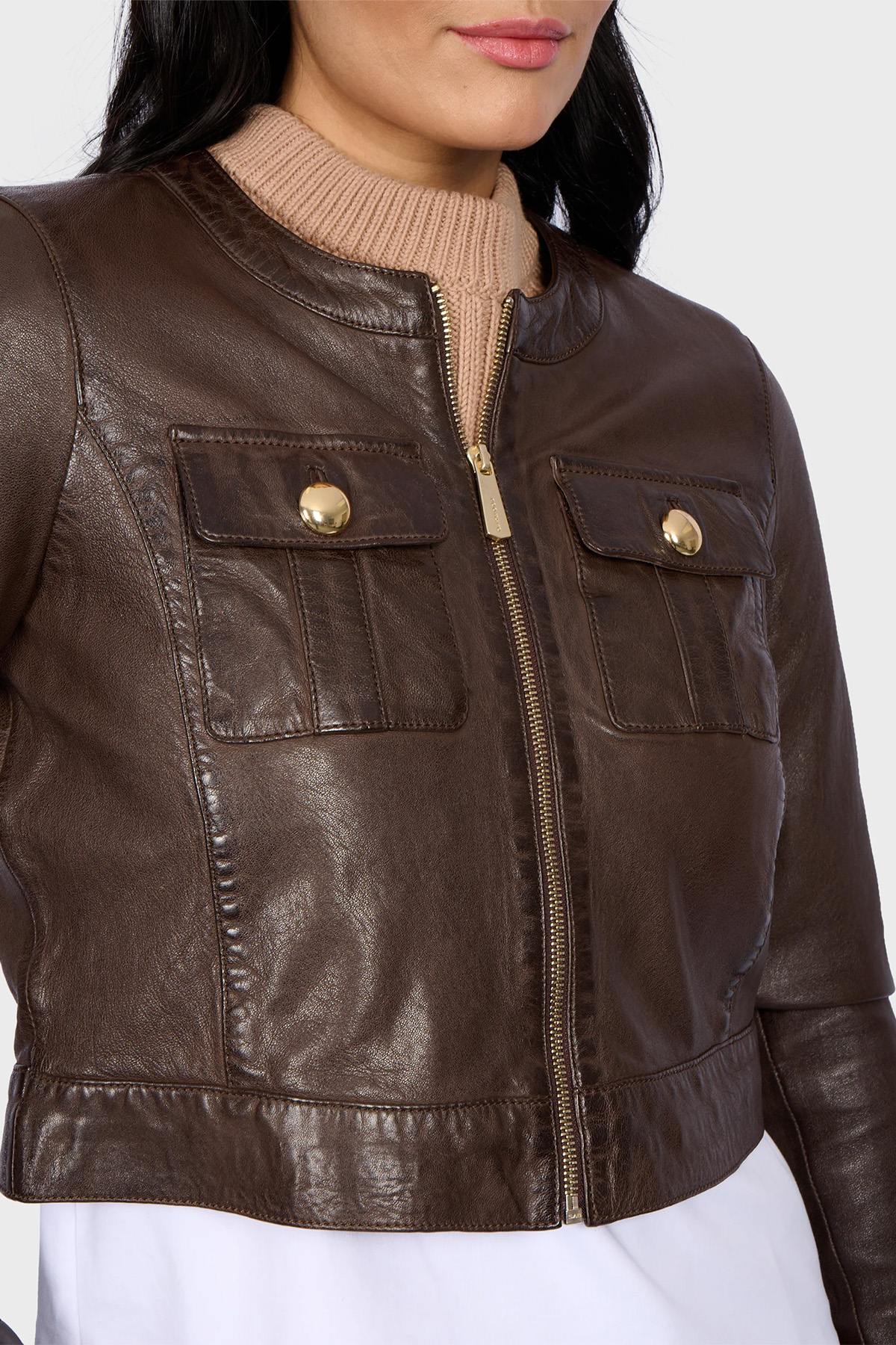 Chocolate brown leather short jacket - Image n°4