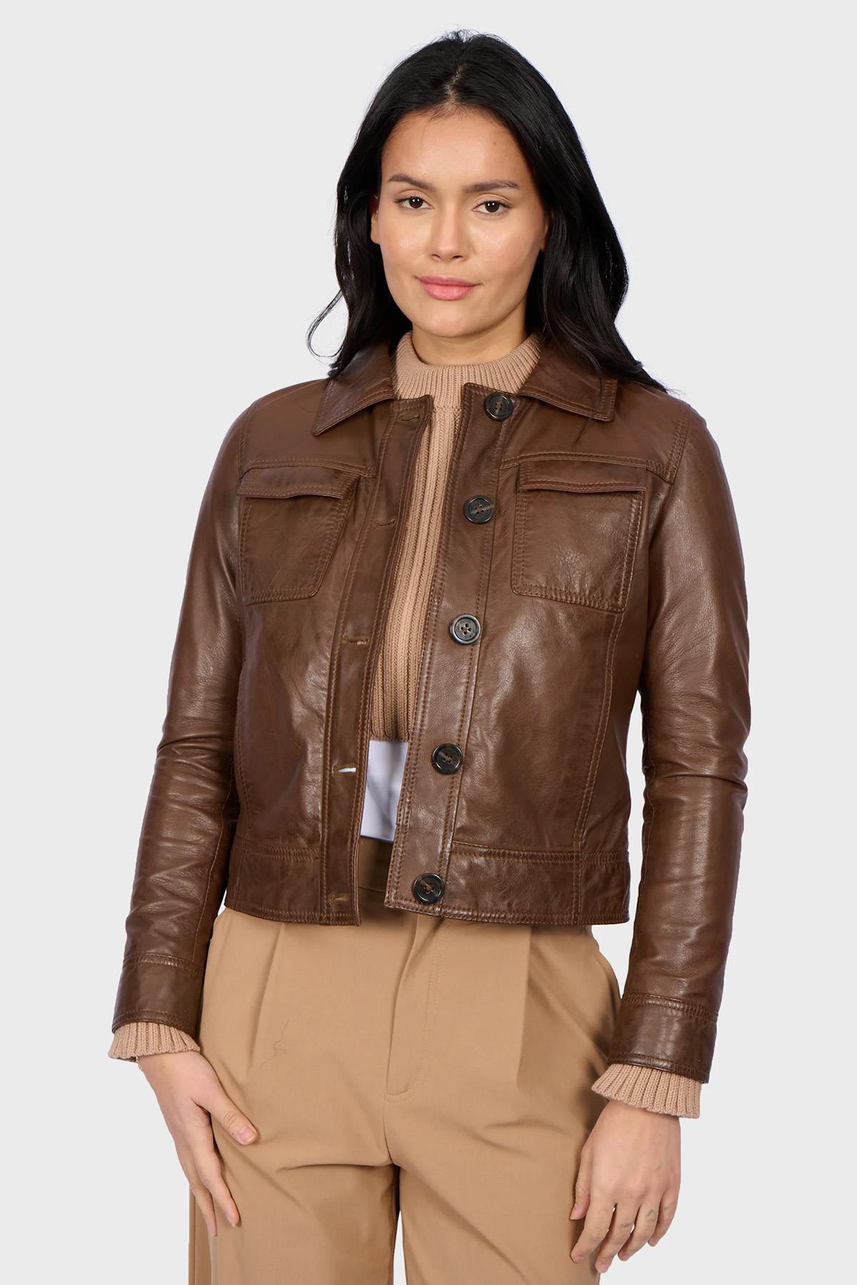 Cocoa-colored button-down leather jacket with shirt collar - Image n°1