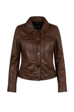 Cocoa-colored button-down leather jacket with shirt collar - Image n°5