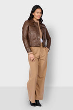 Cocoa-colored button-down leather jacket with shirt collar - Image n°6