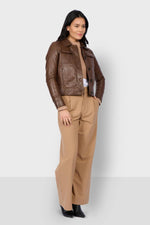 Cocoa-colored button-down leather jacket with shirt collar - Image n°6