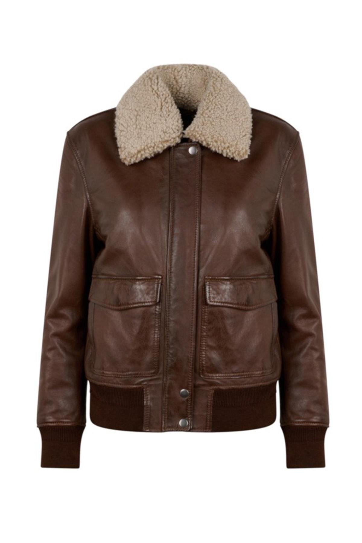 Lightweight cacao sheepskin jacket with detachable vegan fur collar. - Image n°6