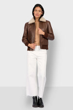 Women's Cocoa Brown Leather Bomber Jacket - Image n°2