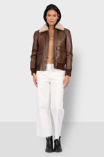 Women's Cocoa Brown Leather Bomber Jacket - Image n°8