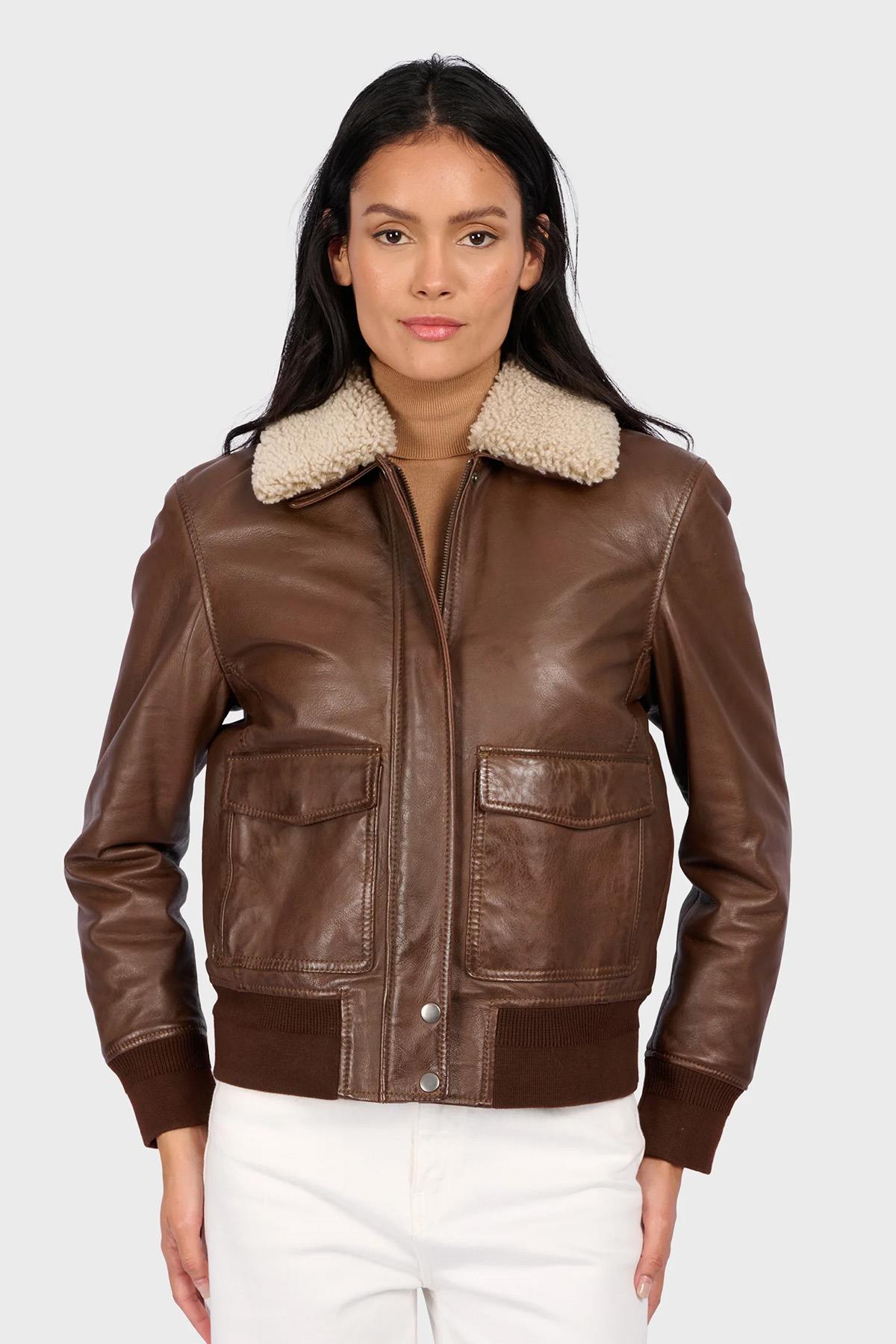 Women's Cocoa Brown Leather Bomber Jacket - Image n°4