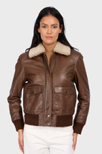 Women's Cocoa Brown Leather Bomber Jacket - Image n°4
