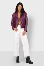 Sleek plum-colored leather biker jacket - Image n°2
