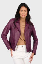 Sleek plum-colored leather biker jacket - Image n°4