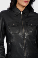 Black leather jacket with shirt collar and chest pockets - Image n°2