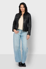 Black leather jacket with shirt collar and chest pockets - Image n°5