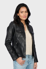 Black leather jacket with shirt collar and chest pockets - Image n°4