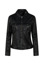 Black leather jacket with shirt collar and chest pockets - Image n°7