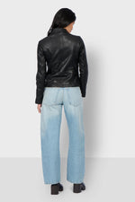 Black leather jacket with shirt collar and chest pockets - Image n°6