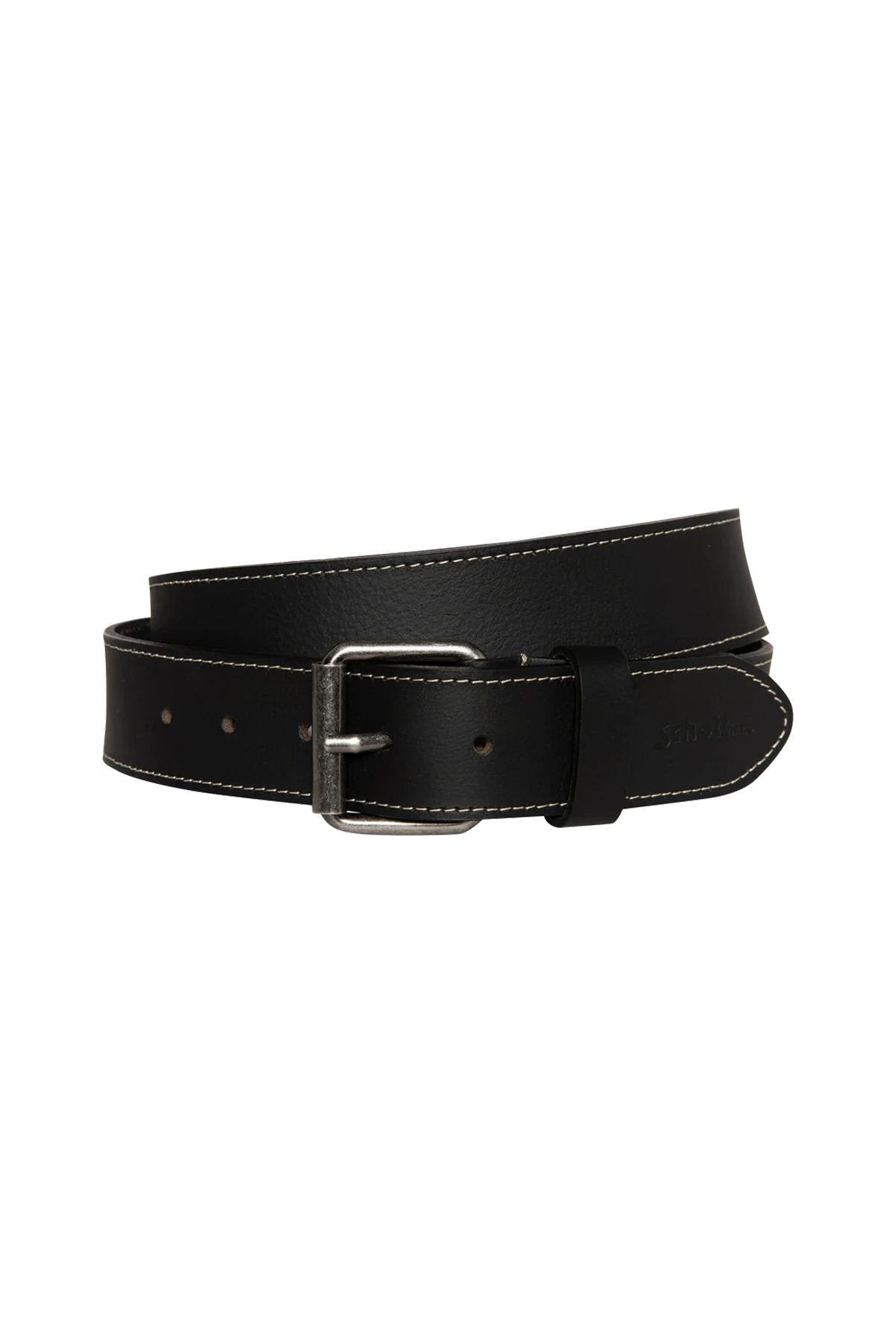 Black buffalo leather belt with visible stitching - Image n°1