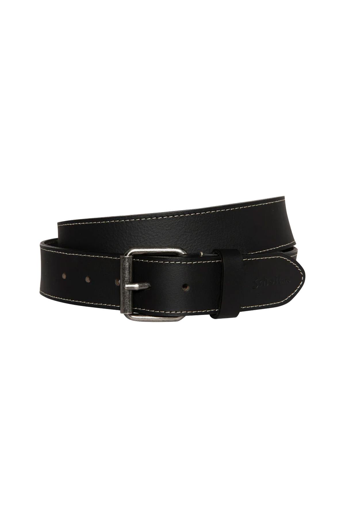 Black buffalo leather belt with visible stitching - Image n°1