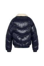 Oversized shiny textile down jacket with faux fur collar - Image n°1