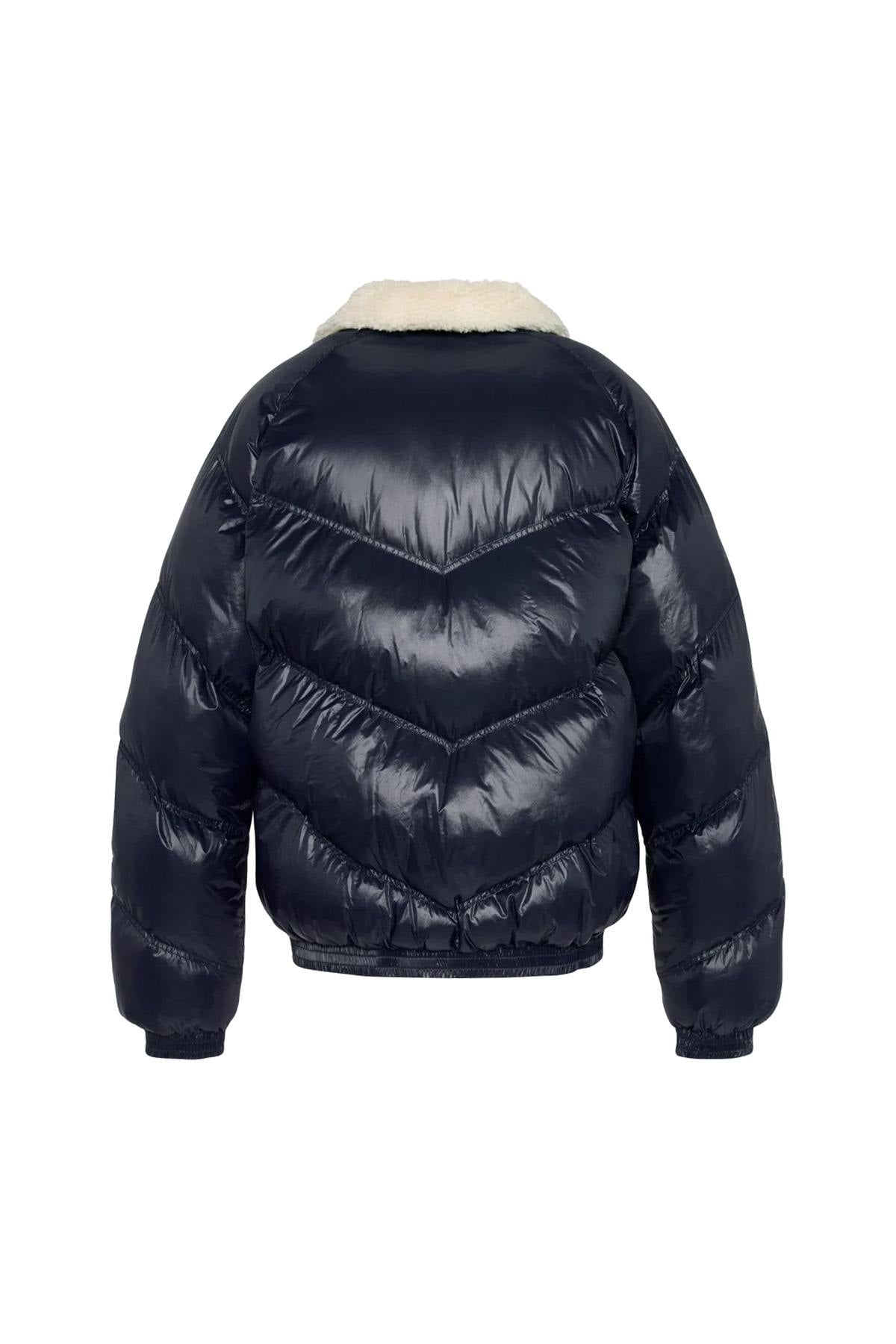 Oversized shiny textile down jacket with faux fur collar - Image n°1
