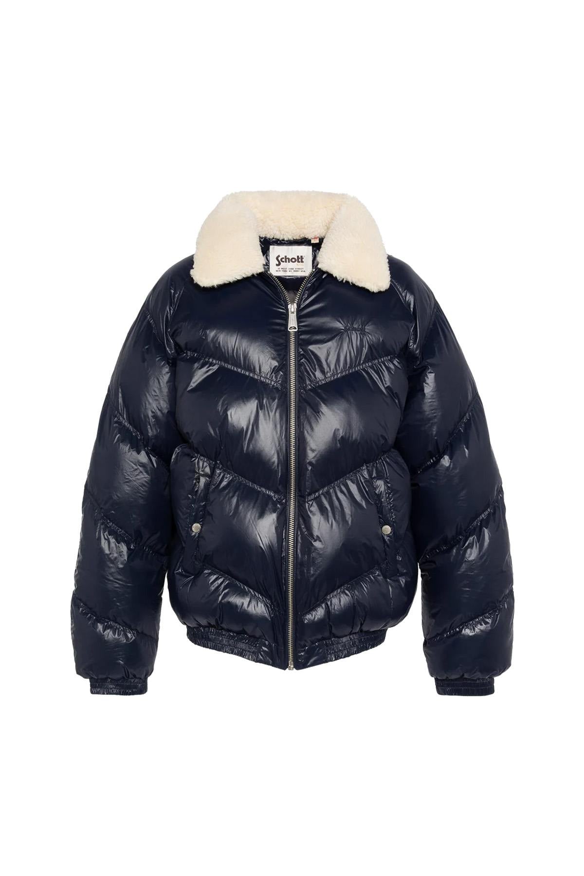 Oversized shiny textile down jacket with faux fur collar - Image n°2